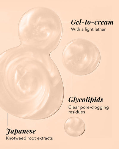Illustration of Hydrating Cream product gel to cream texture with text indicating the benefits of glycolipids and japanese knot weed root extracts.