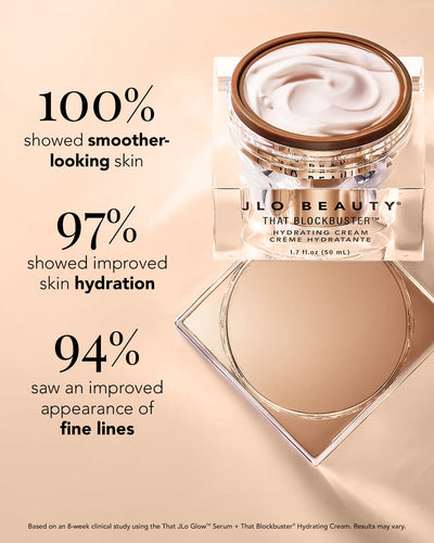 JLO Beauty hydrating cream jar with skincare results on a beige background