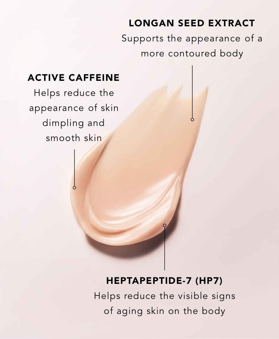 body firming cream ingredients - longan seed extract, active caffeine, heptapeptide-7 for contoured & smooth skin with less dimpling