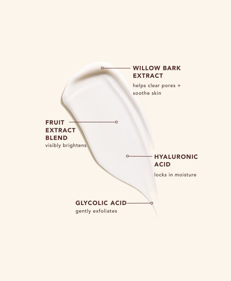 brightening serum formula - face serum ingredients- willow bark, hyaluronic acid, glycolic acid, fruit extract blend